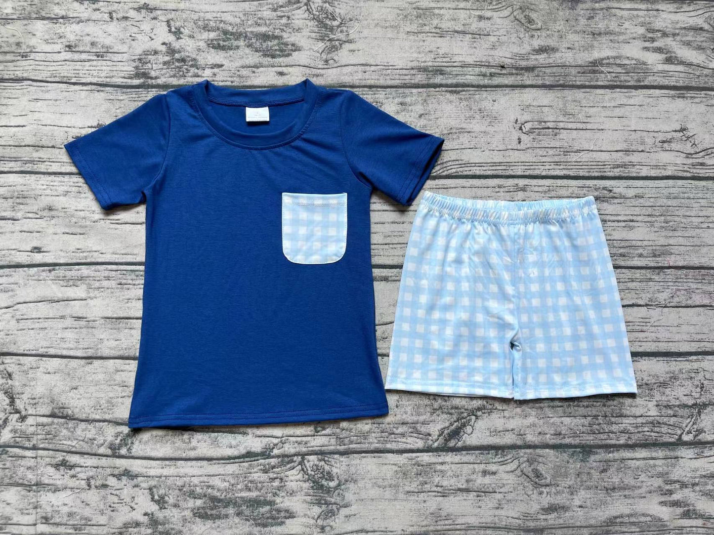 Baby Boy Short Sleeves Cotton Navy Blue Shirt Plaid Shorts Set