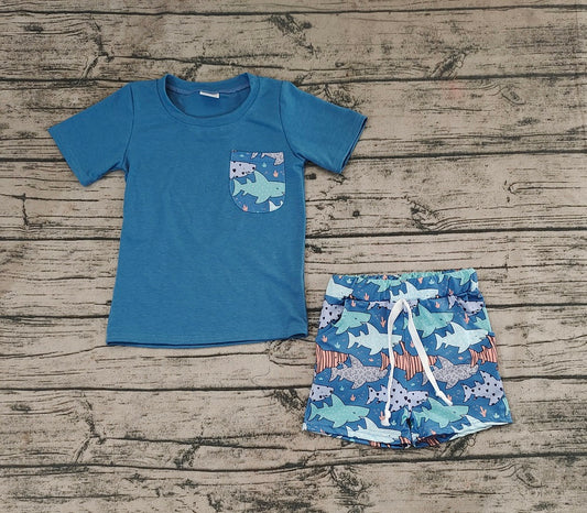 No moq Pre-order Baby Boy Short Sleeves Pocket Shirt Fish Shorts Set