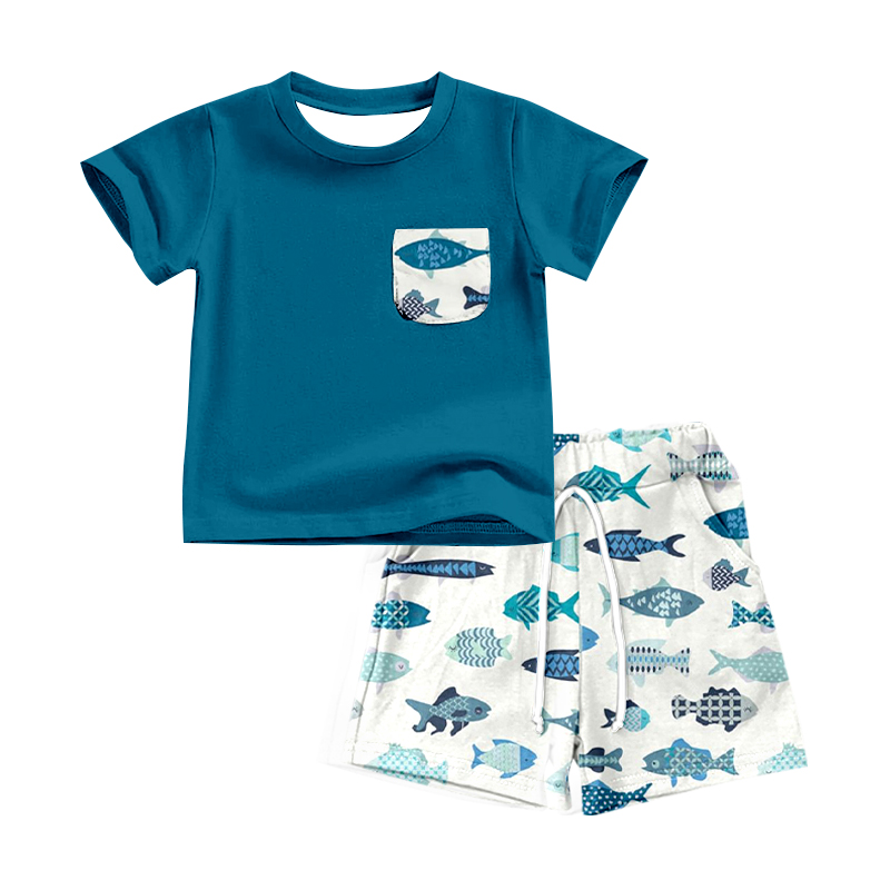 Moq 3 Pre-order Baby Boy Short Sleeves Pocket Shirt Tops Fish Shorts Set