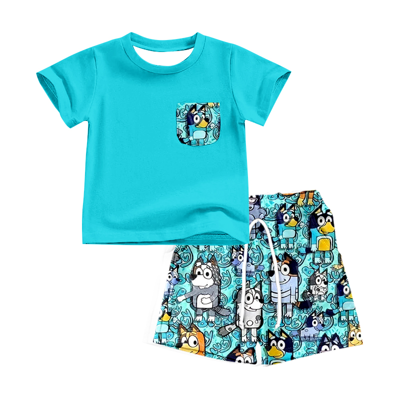 Moq 3 Pre-order Baby Boy Blue Short Sleeves Pocket Shirt Tops Dogs Shorts Set