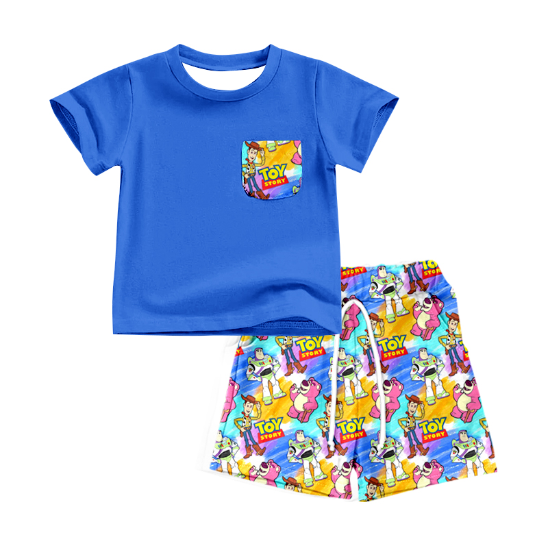 Moq 3 Pre-order Baby Boy Blue Short Sleeves Pocket Shirt Tops Toys Shorts Set