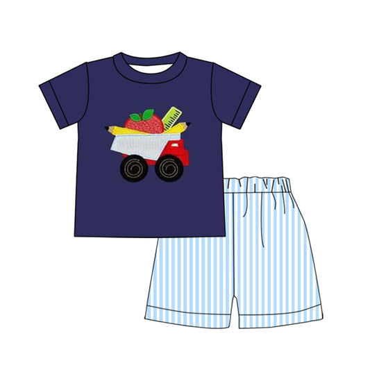 Pre-order Baby Boy Short Sleeves Pencil Truck Shirt Stripes Shorts Back To School Set