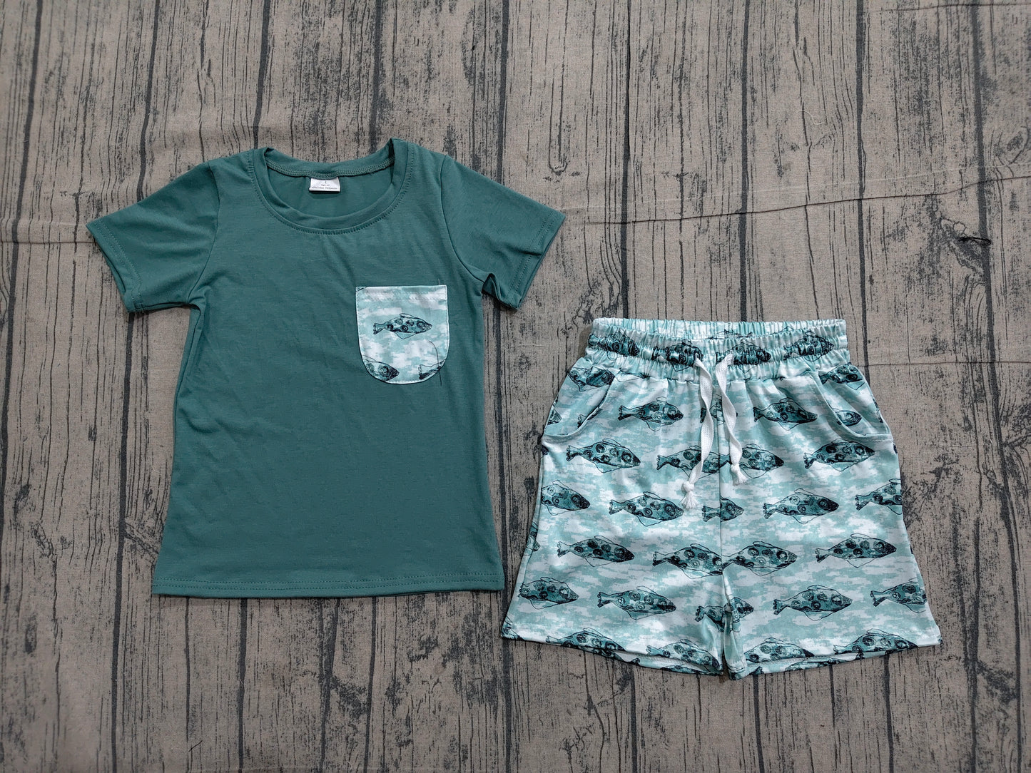 Baby Boys Kids Short Sleeves Pocket Green Shirt Pockets Fish Shorts Set RTS