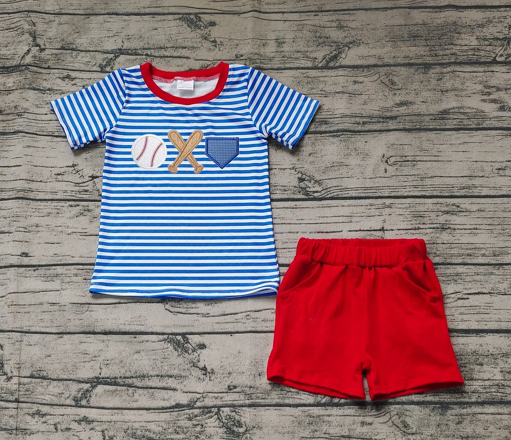 No moq Pre-order Baby Boy Blue Stripes Short Sleeves Baseball Shirt Red Pocket Shorts Set