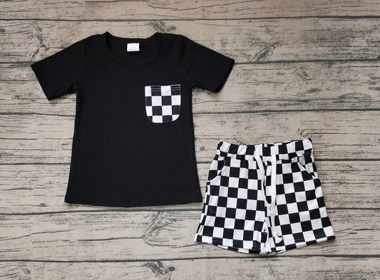 No moq Pre-order Baby Boy Black Shirt Checkered Pocket Shorts Summer Set