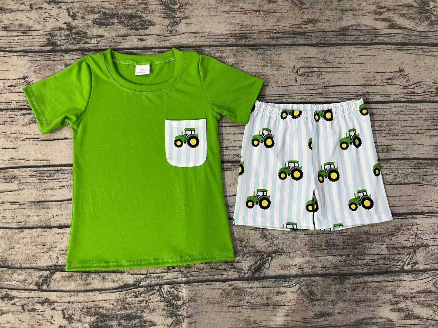 Baby Boy Short Sleeves Green Shirt Tractors Shorts Set