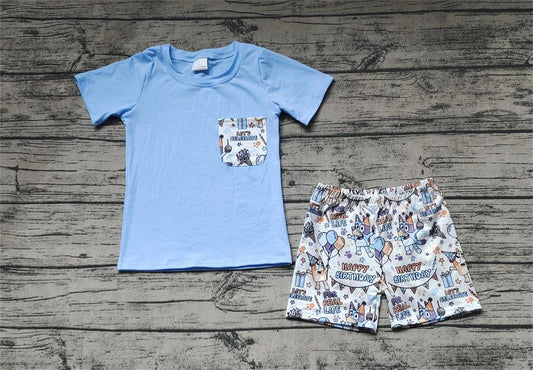 Pre-order Baby Boy Short Sleeves Blue Shirt Dogs Shorts Birthday Set