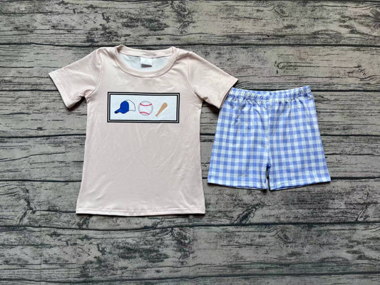 Baby Boy Short Sleeves Baseball Shirt Blue Plaid Shorts Set