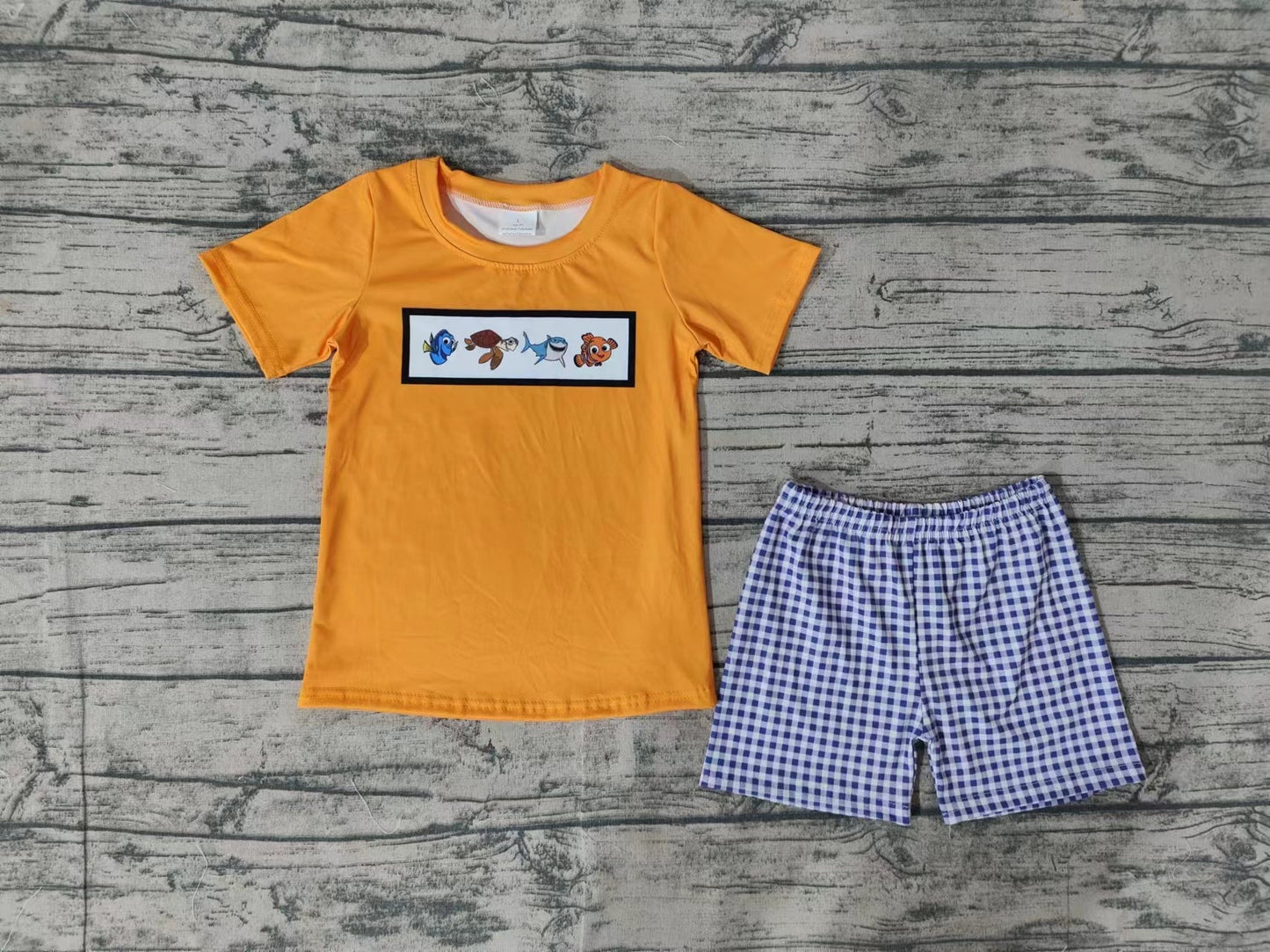 Baby Boy Orange Fish Shirt Plaid Shorts Clothes Set