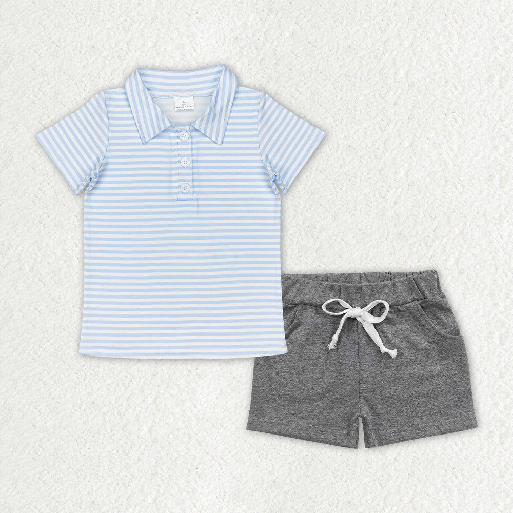 Baby Boy Blue Stripes Buttons Shirt Grey Pockets Shorts Set