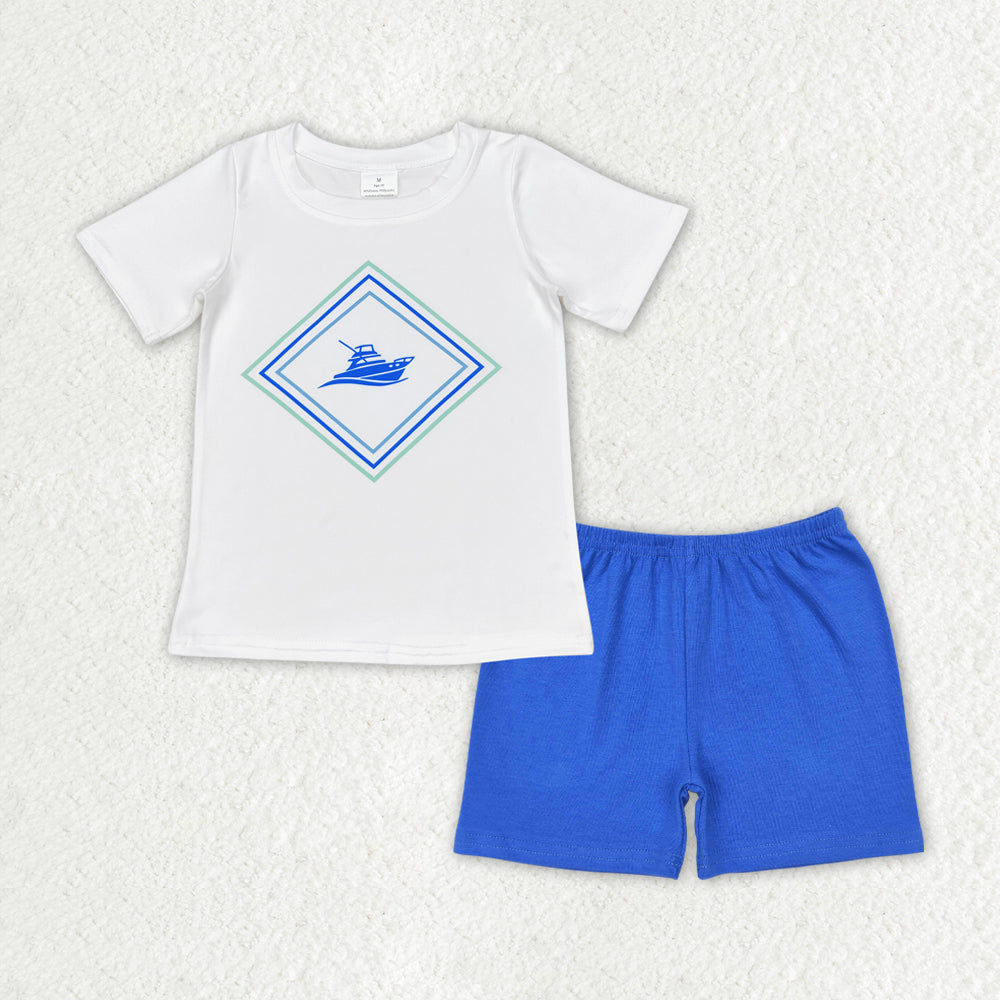 Baby Boy Short Sleeves Boat Shirt Blue Cotton Shirt Set