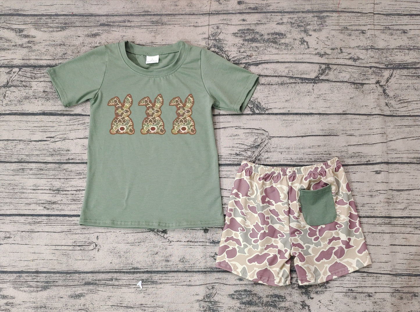 Pre-order Baby Boy Short Sleeves Embroidery Rabbit Shirt Camo Shorts Clothes Easter Green Set