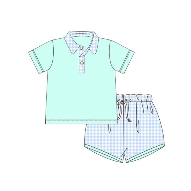 Preorder Baby Boy Green Pullover Shirt Checkered Shorts Clothes Set