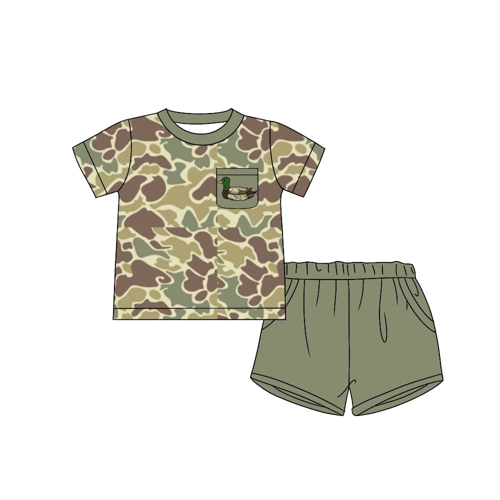 Preorder Baby Boy Light Green Camo Duck Pocket Shirt Shorts Clothes Set
