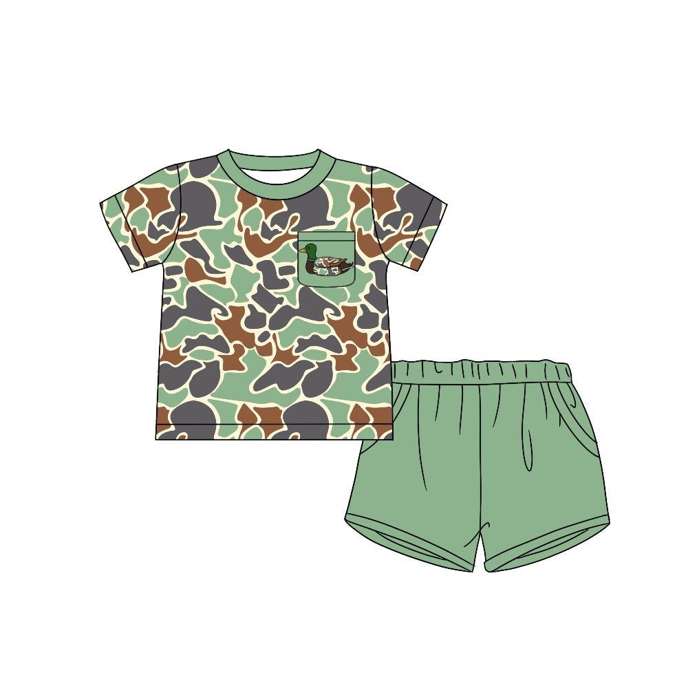 Preorder Baby Boy Green Camo Duck Pocket Shirt Shorts Clothes Set