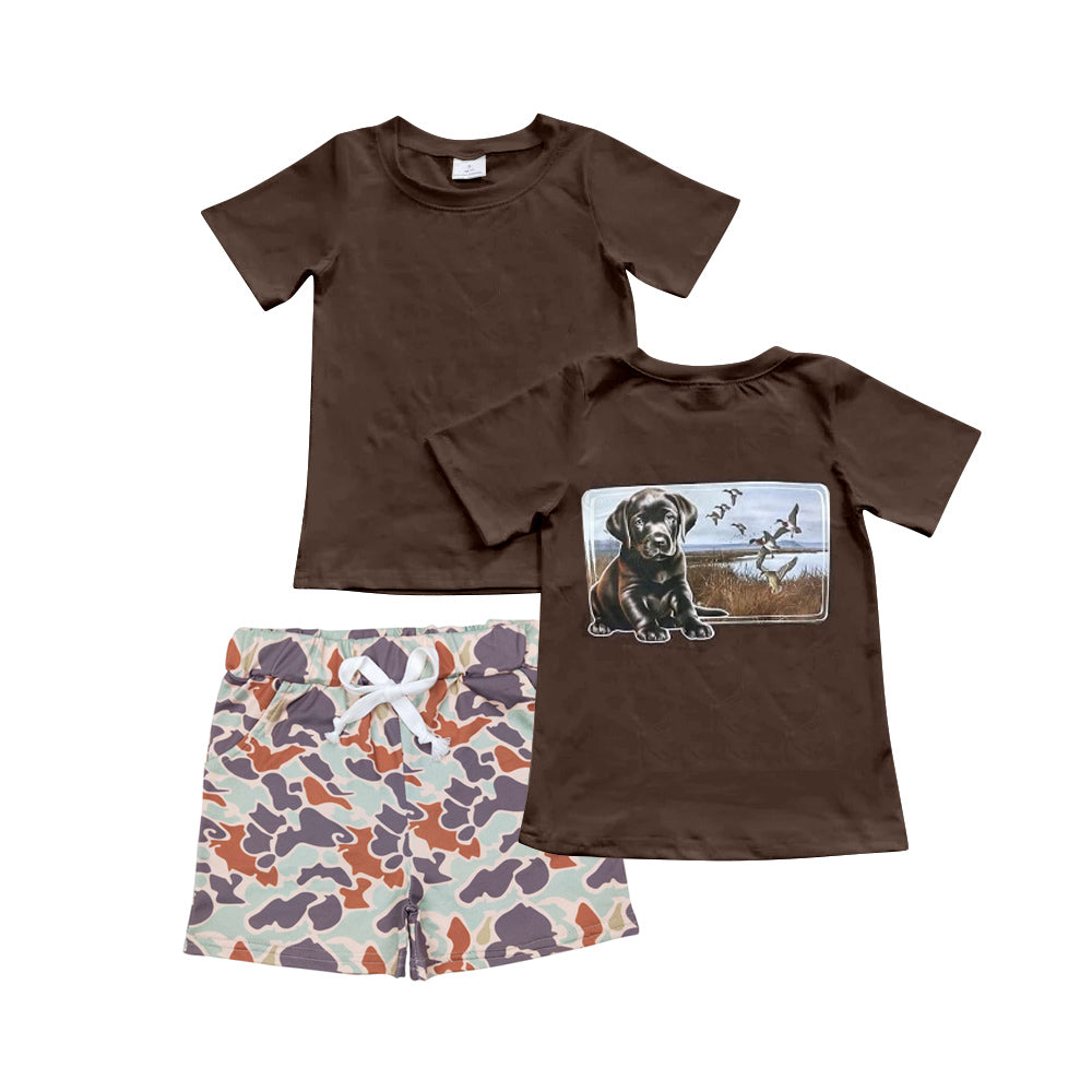 Preorder Baby Boy Brown Dog Duck Hunting Shirt Camo Shorts Clothes Set