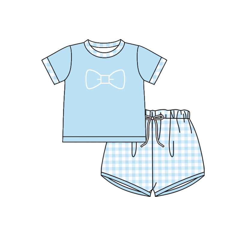 Preorder Baby Boy Short Sleeves Blue Bow Tie Shirt Plaid Shorts Clothes Set
