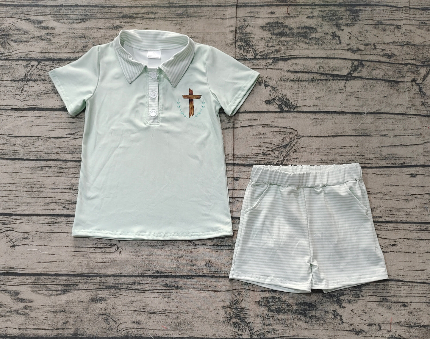 RTS Baby Boy Short Sleeves Easter Cross Shirt Shorts Clothes Set