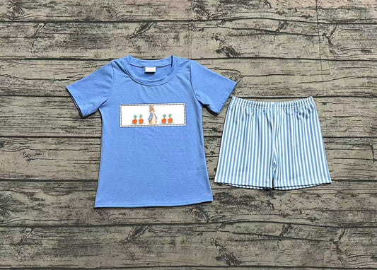 Preorder Baby Boy Short Sleeves Embroidery Rabbit Carrot Shirt Stripes Shorts Clothes Set