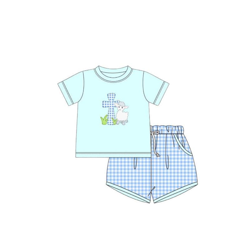 Preorder Baby Boy Short Sleeves Easter Cross Sheep Shirt Checkered Shorts Set