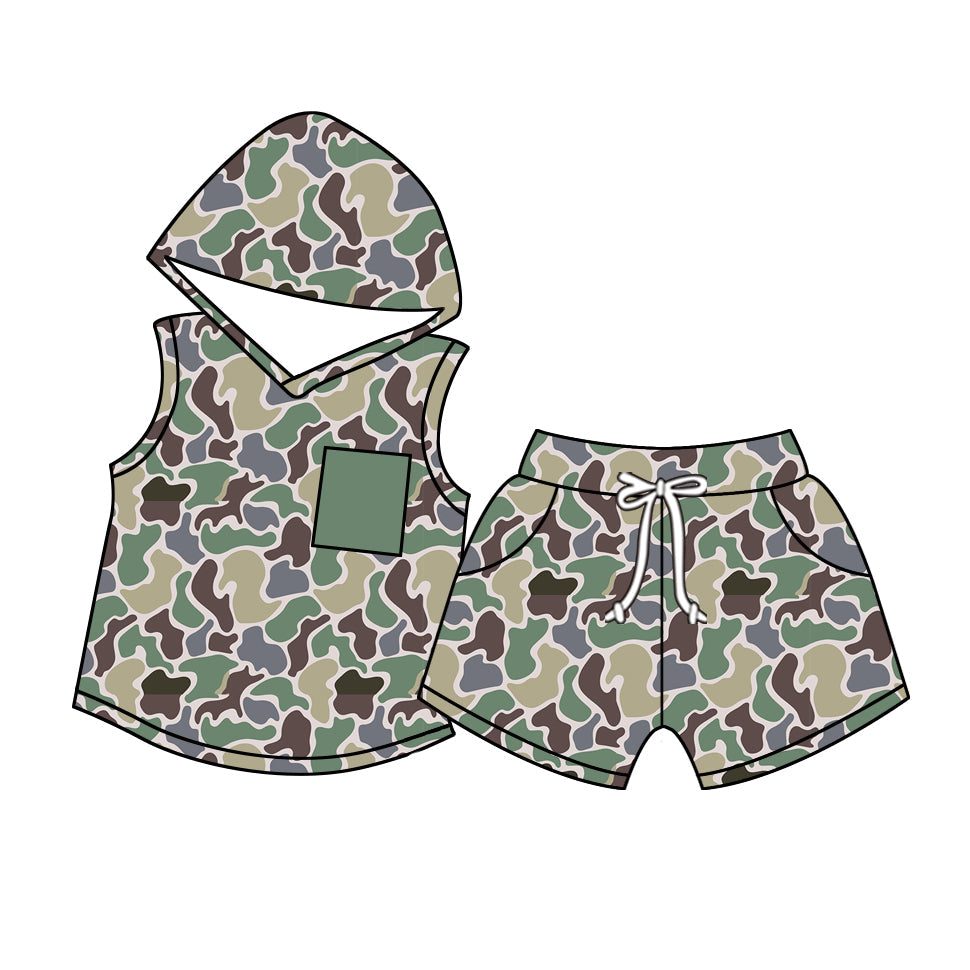 Preorder Baby Boy Green Camo Pocket Hoodie Shirt Tops Shorts Hunting Clothes Set