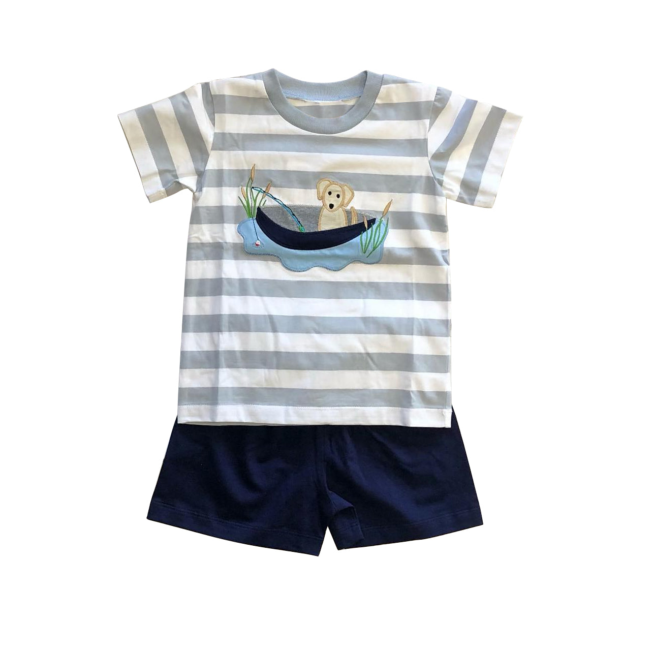 Preorder Baby Boy Short Sleeves Stripes Dog Fishing Shirt Black Shorts Clothes Set
