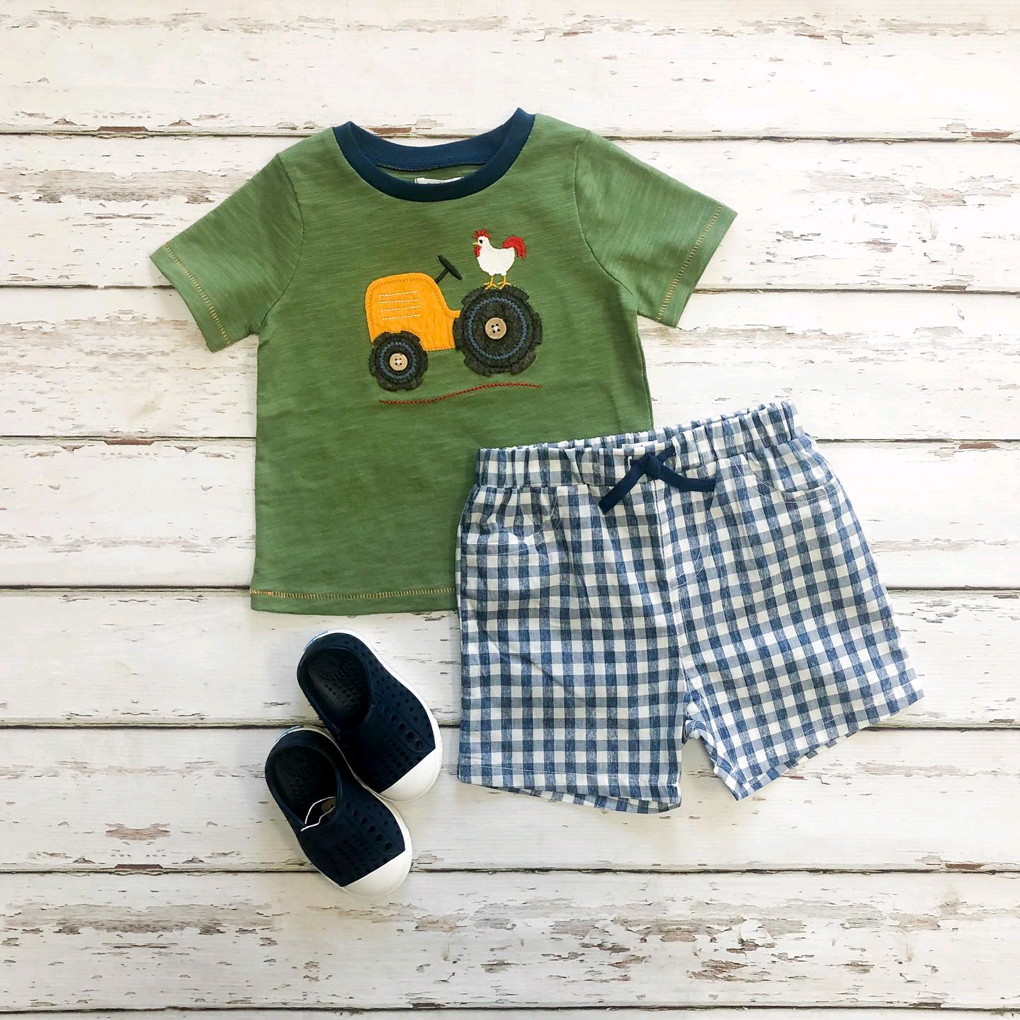 Preorder Baby Boy Short Sleeves Chicken Truck Green Shirt Plaid Shorts Clothes Farm Set