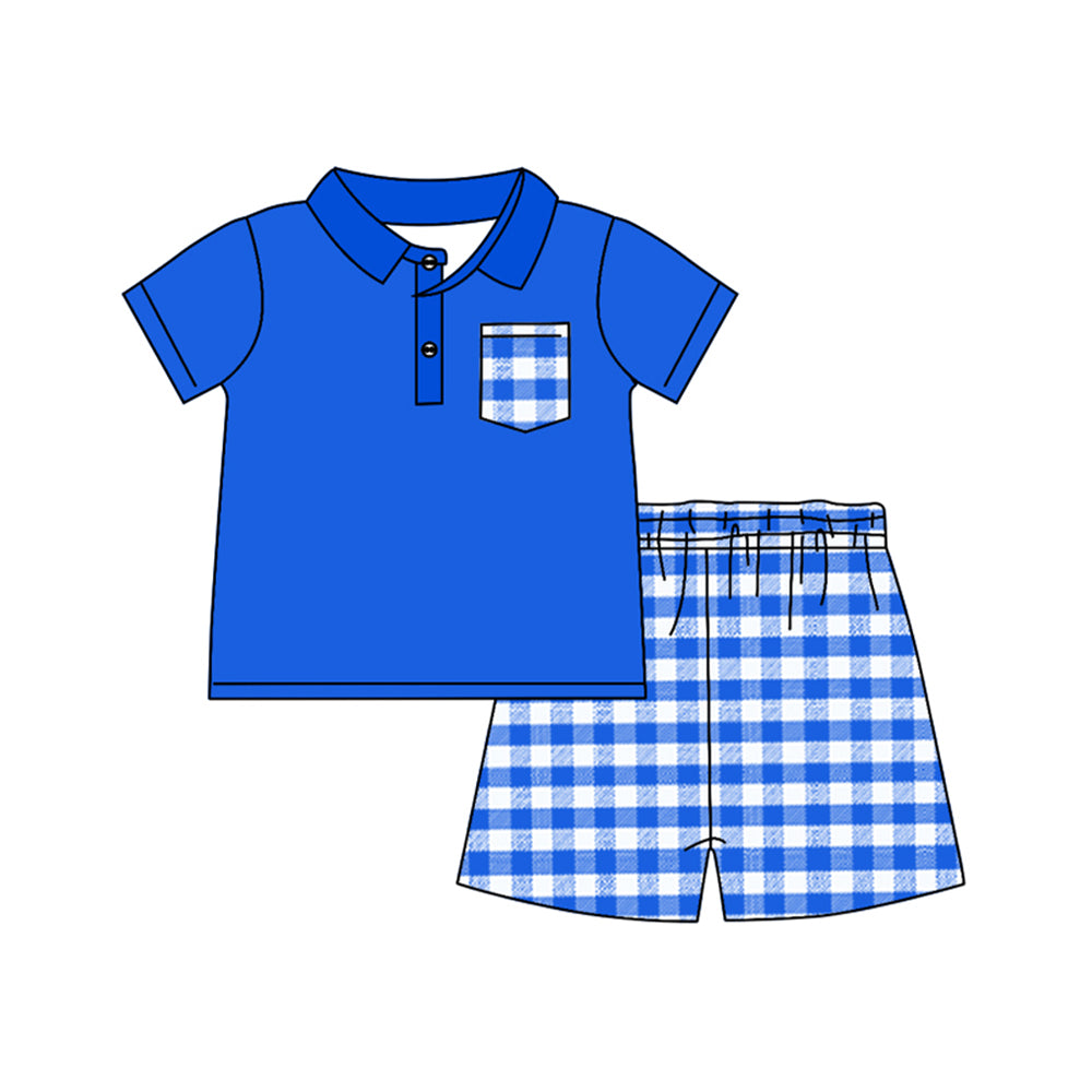 Preorder Baby Boy Short Sleeves Blue Buttons Pocket Shirt Plaid Shorts Clothes Set