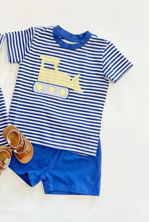 Preorder Baby Boy Short Sleeves Construction Stripes Shirt Blue Shorts Clothes Set