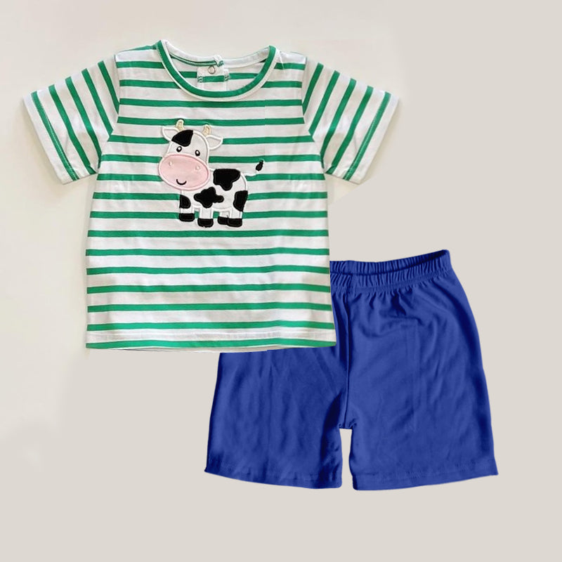 Preorder Baby Boy Short Sleeves Green Stripes Cow Shirt Blue Shorts Clothes Set