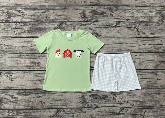 Preorder Baby Boy Short Sleeves Embroidery Farm House Cow Green Shirt Plaid Shorts Clothes Set