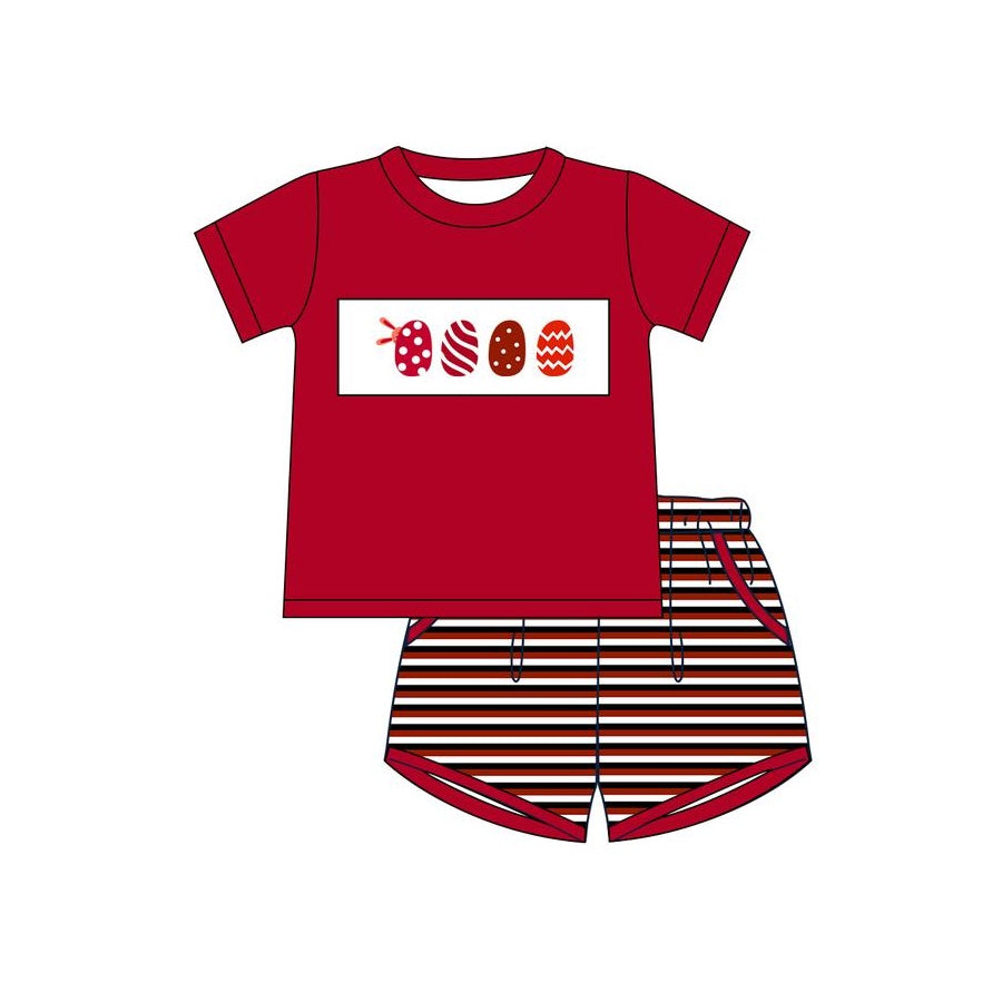 Preorder Baby Boy Short Sleeves Easter Eggs Red Shirt Stripes Shorts Clothes Set