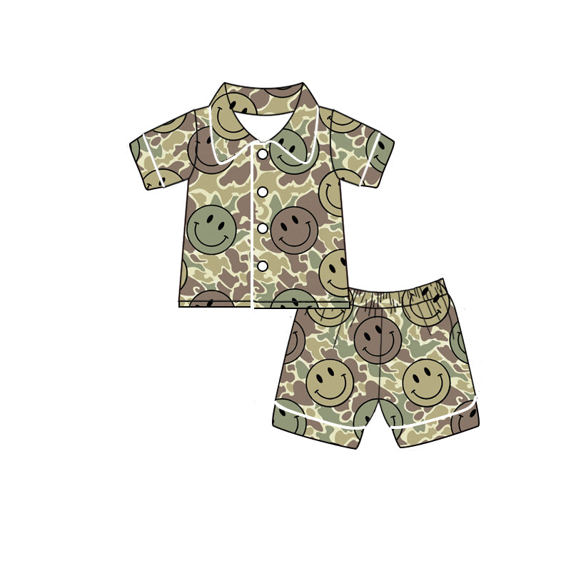 Preorder Baby Boy Short Sleeves Camo Smile Buttons Shirt Shorts Pajamas Clothes Green Set