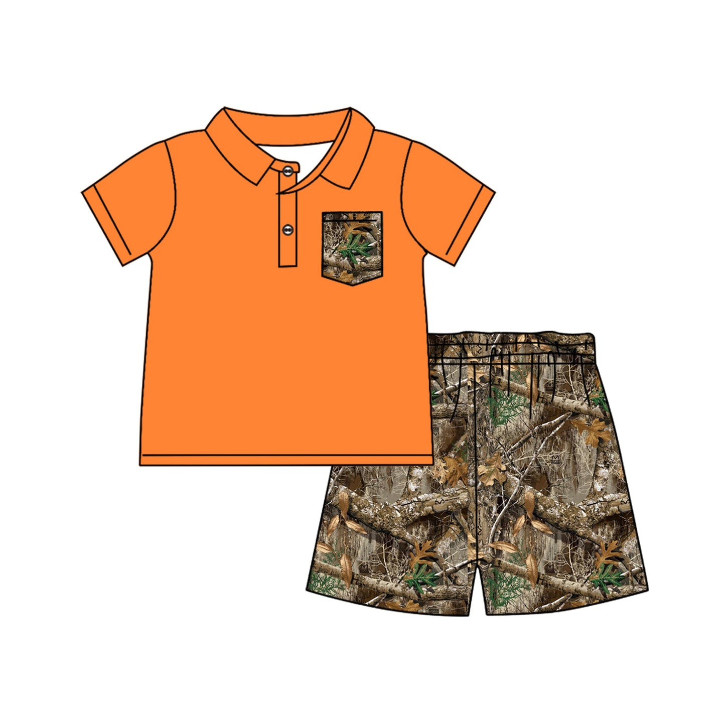 Preorder Baby Boy Short Sleeves Orange Pocket Shirt Camo Hunting Shorts Set