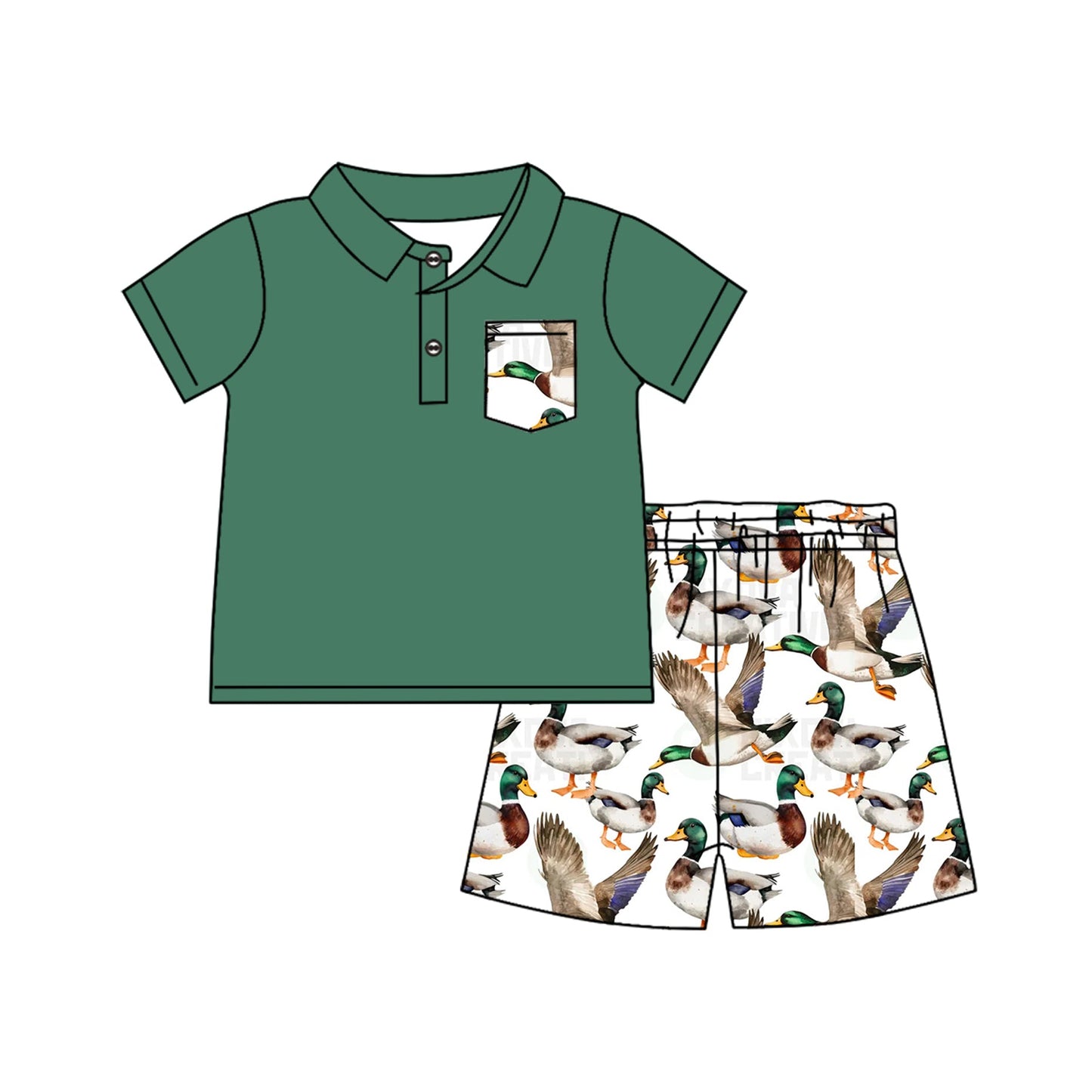Preorder Baby Boy Short Sleeves Green Buttons Shirt Ducks Hunting Shorts Set