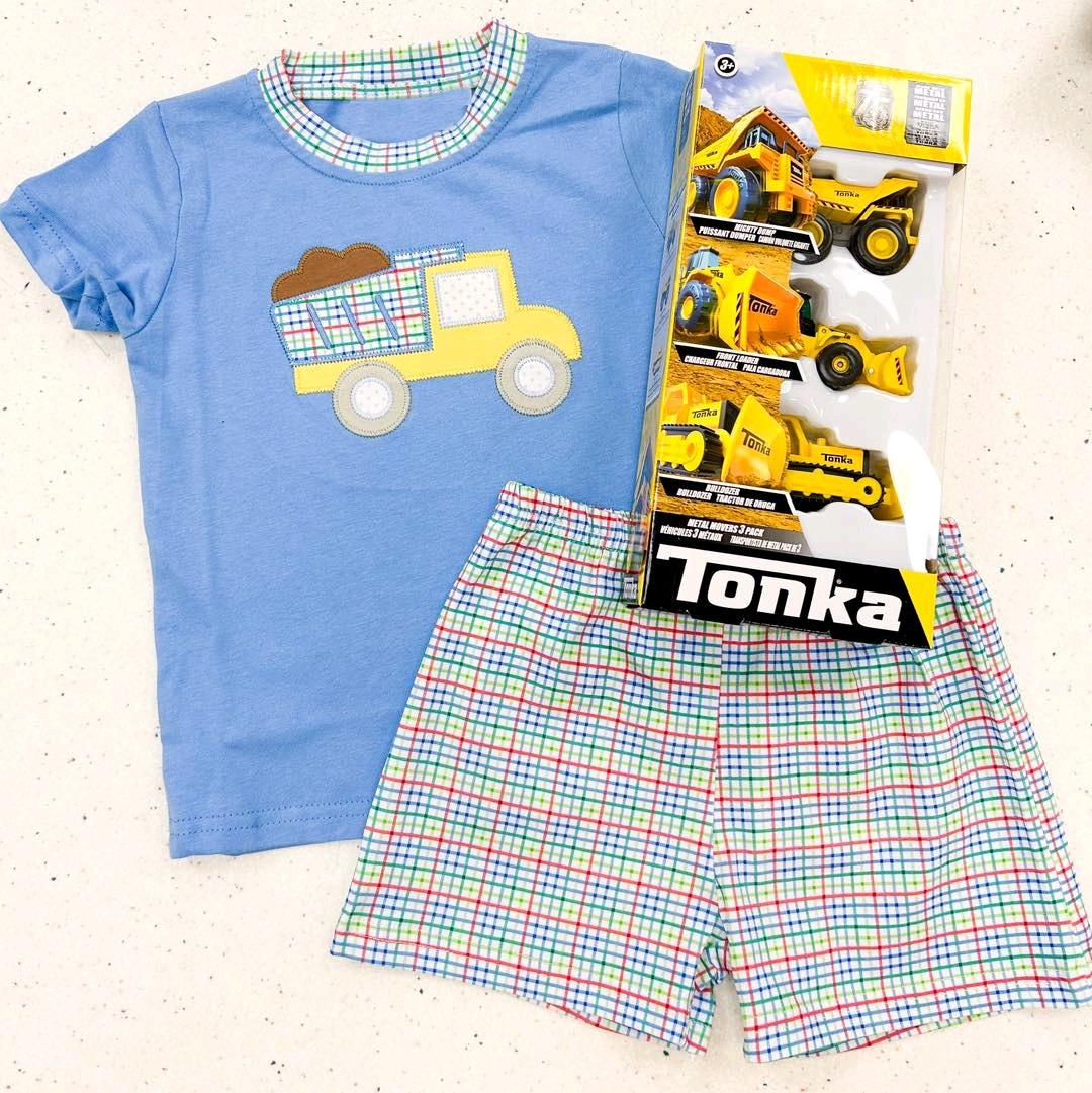 Preorder Baby Boy Short Sleeves Truck Blue Shirt Plaid Shorts Clothes Set