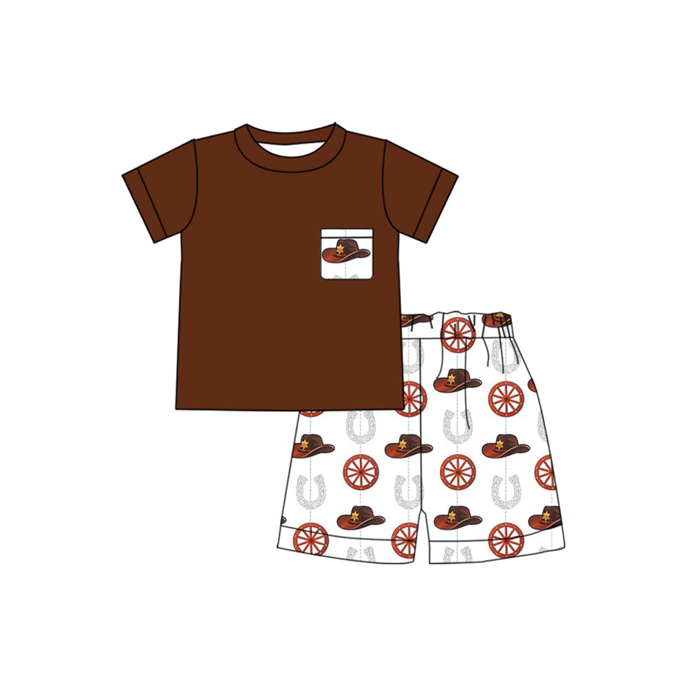 Preorder Baby Boy Short Sleeves Pocket Shirt Hats Western Horse Shorts Clothes Set
