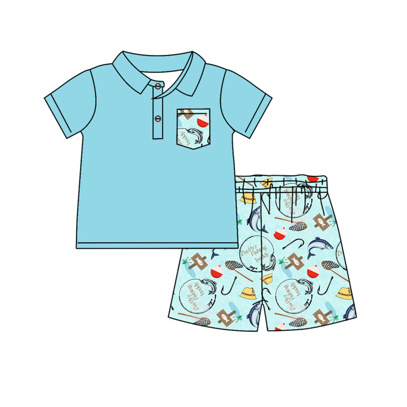 Preorder Baby Boy Short Sleeves Pocket Blue Shirt Fishing Shorts Clothes Set
