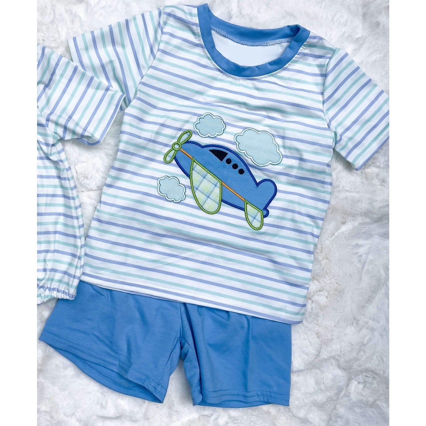 Preorder Baby Boy Short Sleeves Plane Stripes Shirt Shorts Clothes Blue Set