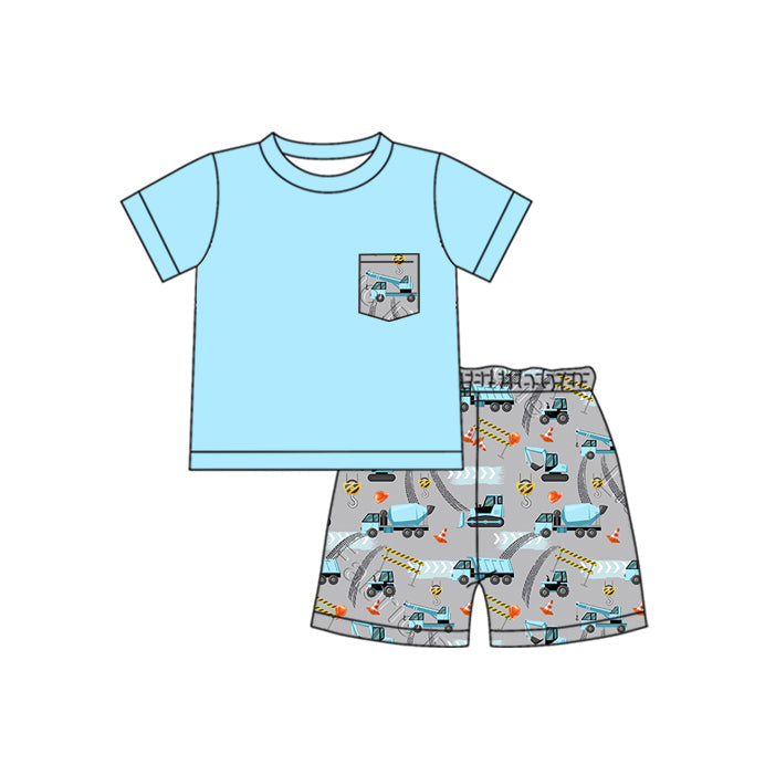 Preorder Baby Boy Short Sleeves Blue Buttons Shirt Construction Shorts Clothes Set