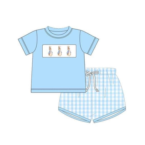 Preorder Baby Boy Short Sleeves Easter Rabbit Blue Shirt Plaid Shirt Set