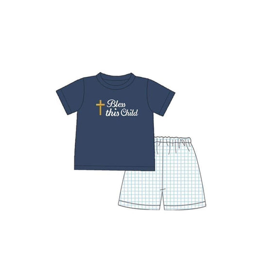 Preorder Baby Boy Short Sleeves Easter Cross Shirt Plaid Shorts Clothes Set