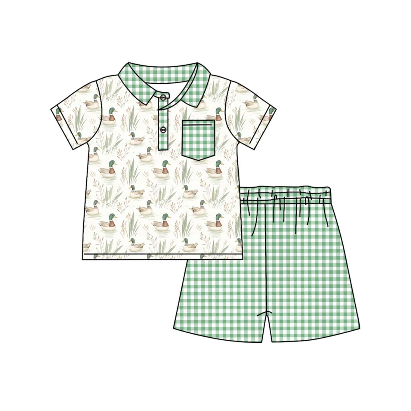 Preorder Baby Boy Short Sleeves Ducks Pocket Shirt Green Shorts Clothes Set