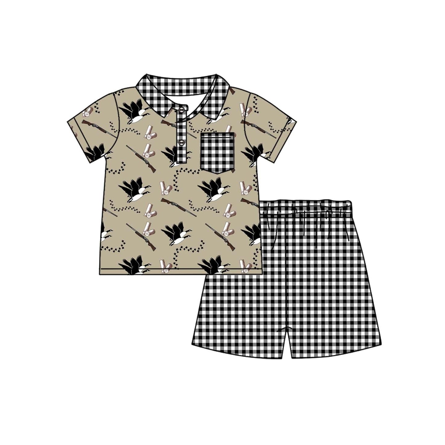 Preorder Baby Boy Short Sleeves Ducks Shirt Plaid Shorts Clothes Hunting Set