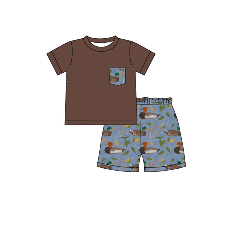 Preorder Baby Girl Short Sleeves Pocket Brown Shirt Duck Shorts Clothes Set