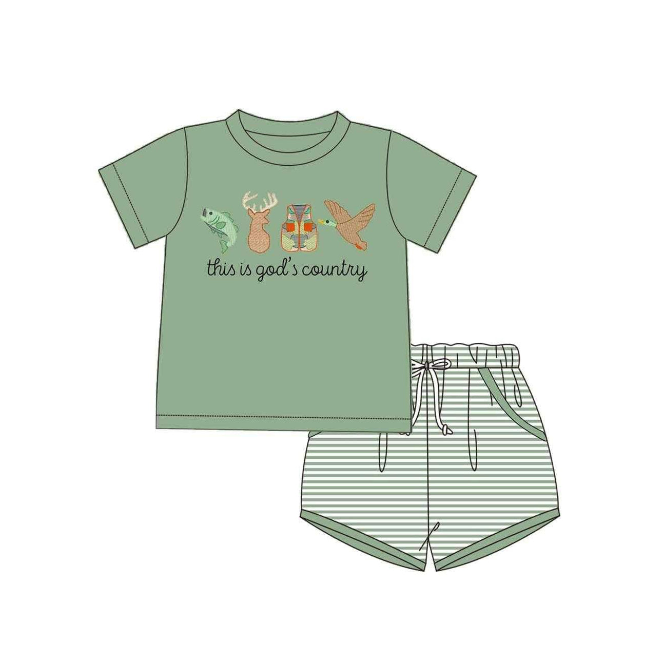 Preorder Baby Boy Short Sleeves God Country Shirt Stripes Pocket Shorts Clothes Hunting Set