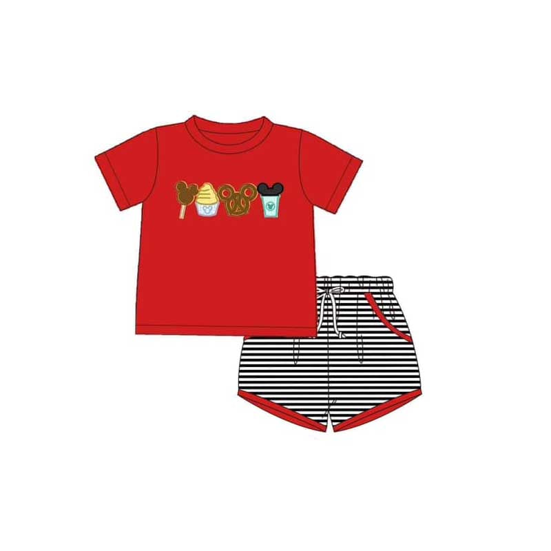 Preorder Baby Boy Short Sleeves Cartoon Red Shirt Stripes Pocket Shorts Clothes Set