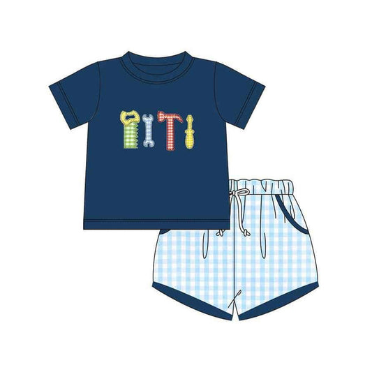 Preorder Baby Boy Short Sleeves Tools Shirt Plaid Pocket Shorts Clothes Set