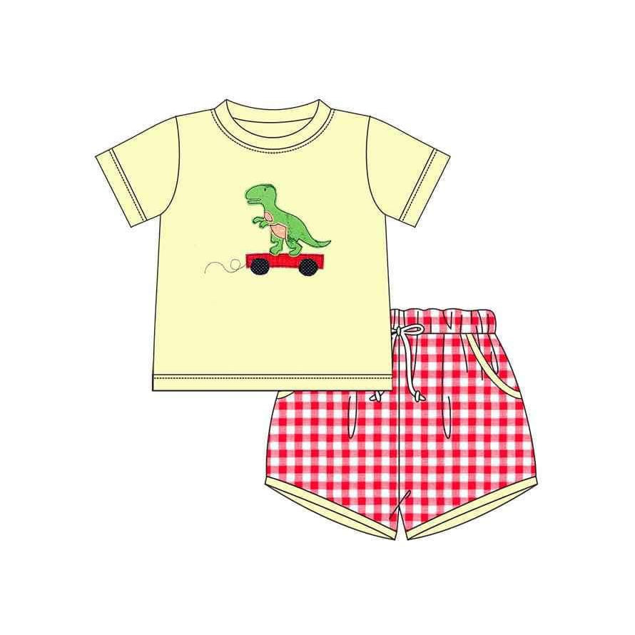 Preorder Baby Boy Short Sleeves Dinosaur Shirt Plaid Pocket Shorts Clothes Set