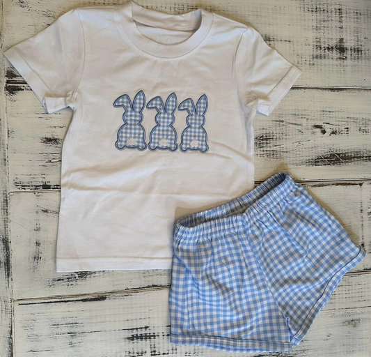 Preorder Baby Boy Short Sleeves Easter Rabbit Shirt Checkered Shorts Clothes Set